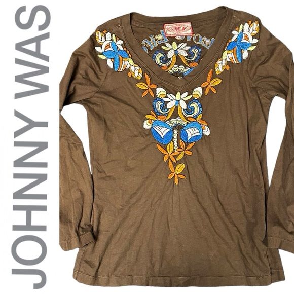 Johnny Was Tops - Johnny Was Love Life JWLA Embroidered Long-Sleeve Brown Top Floral Size XL Y2K
